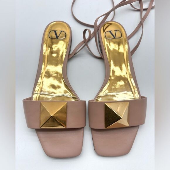 Valentino Garavani One Stud Gladiator Ankle Tie Wrap Flat Sandals Poudre EU 39.5 - Picture 6 of 12